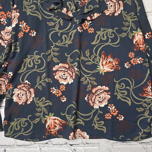 Loft Dark Ruffle Navy Blue Ruffle Accent Collar Sheer Blouse Size Medium - Picture 3 of 10